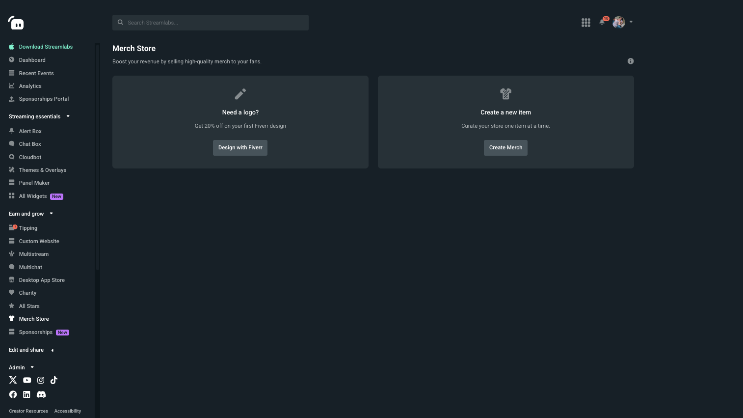 Main merch editor page with "Create a new item" option and "Need a logo" option.